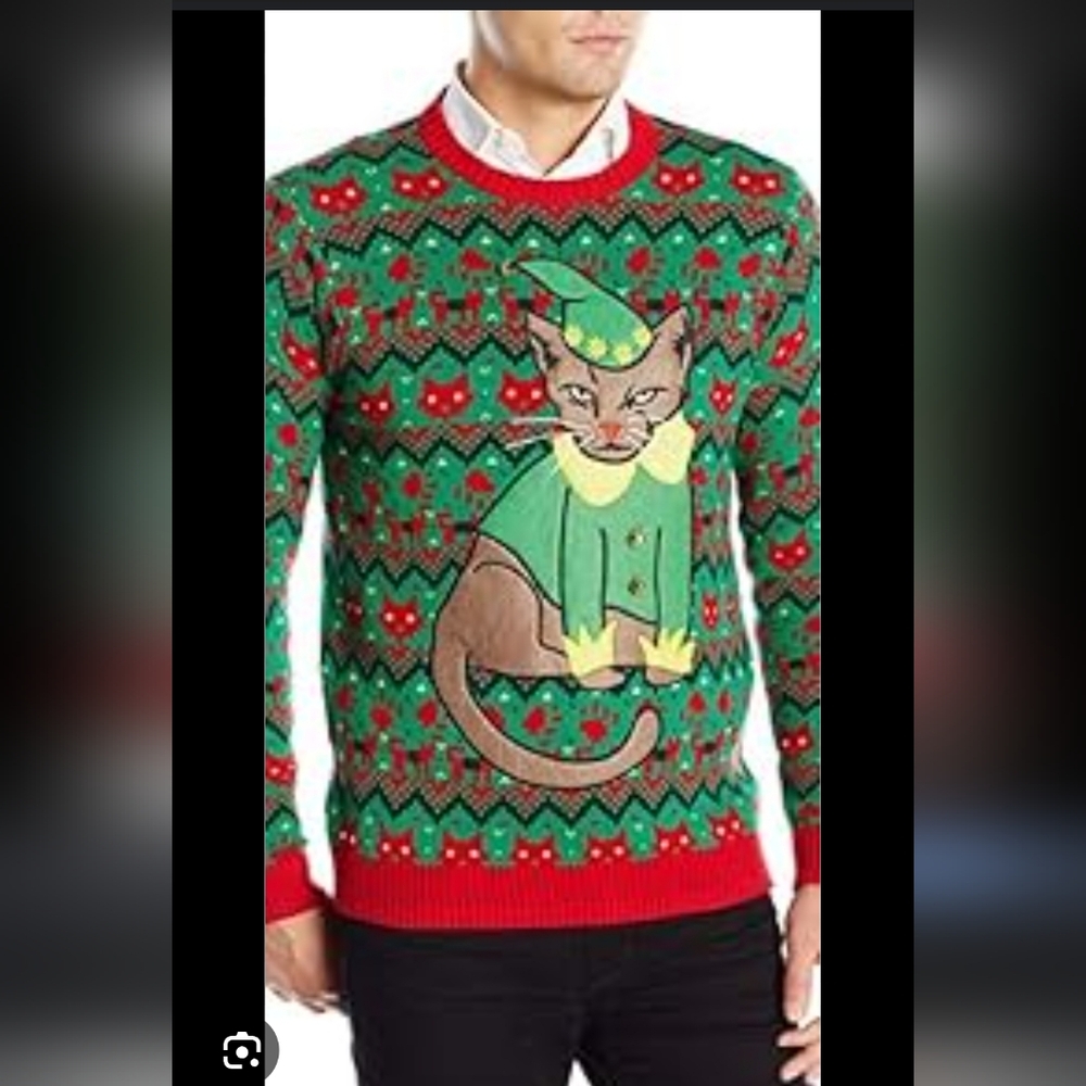 NWT Mens Ugly Holiday Cat Elf Sweater - Green and Red Size 2XL